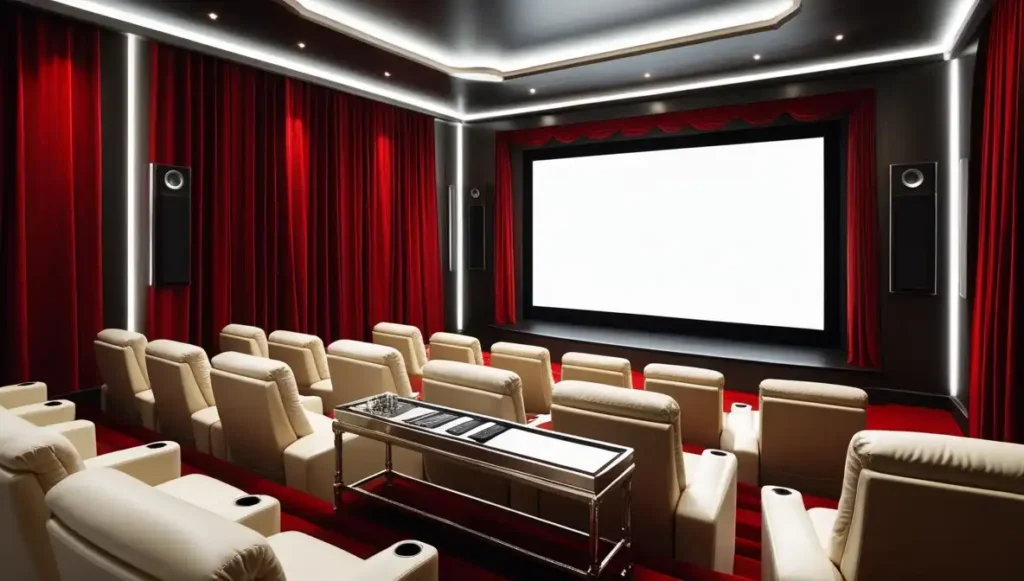 a room with red curtains and white chairs