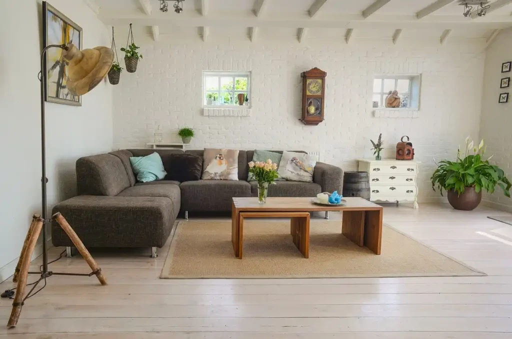 a living room with a couch and a coffee table