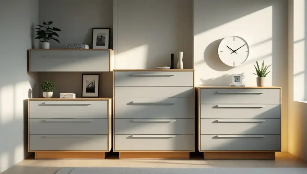 a room with white drawers and a clock